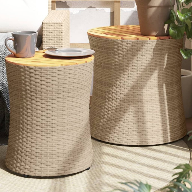vidaXL Garten-Beistelltische 2 Stk. mit Holzplatte Beige Poly Rattan vidaXL Garten-Beistelltische 2 Stk. mit Holzplatte Beige Poly Rattan