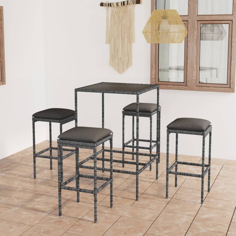 5-tlg. Gartenbar-Set mit Kissen Poly Rattan Grau 5-tlg. Gartenbar-Set mit Kissen Poly Rattan Grau