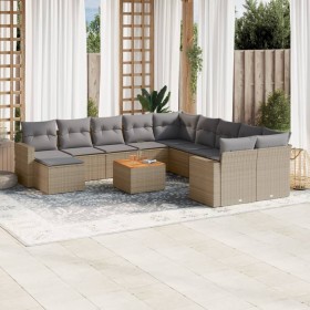 vidaXL 14-tlg. Garten-Sofagarnitur mit Kissen Beige Poly Rattan