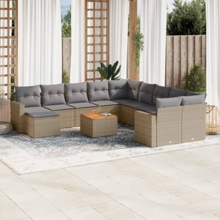vidaXL 14-tlg. Garten-Sofagarnitur mit Kissen Beige Poly Rattan