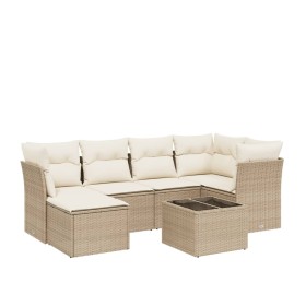 vidaXL 7-tlg. Garten-Sofagarnitur mit Kissen Beige Poly Rattan