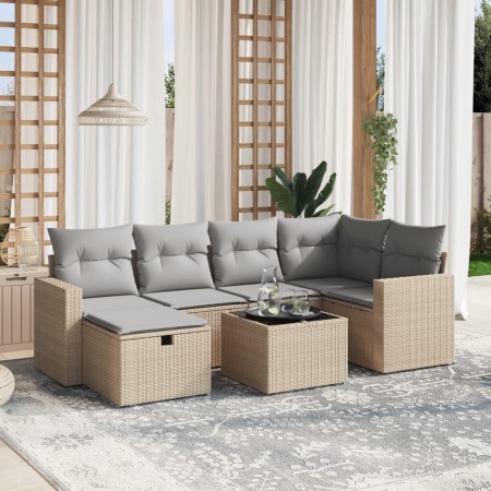 vidaXL 7-tlg. Garten-Sofagarnitur mit Kissen Beige Poly Rattan
