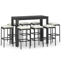 9-tlg. Gartenbar-Set mit Kissen Poly Rattan Schwarz