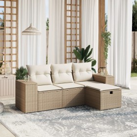 vidaXL 4-tlg. Garten-Sofagarnitur mit Kissen Beige Poly Rattan