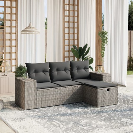 vidaXL 4-tlg. Garten-Sofagarnitur mit Kissen Grau Poly Rattan