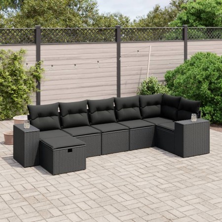 vidaXL 7-tlg. Garten-Sofagarnitur mit Kissen Schwarz Poly Rattan