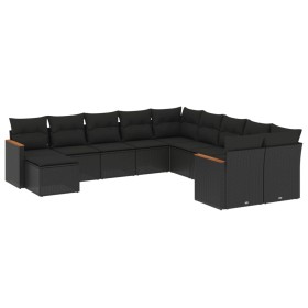 vidaXL 11-tlg. Garten-Sofagarnitur mit Kissen Schwarz Poly Rattan