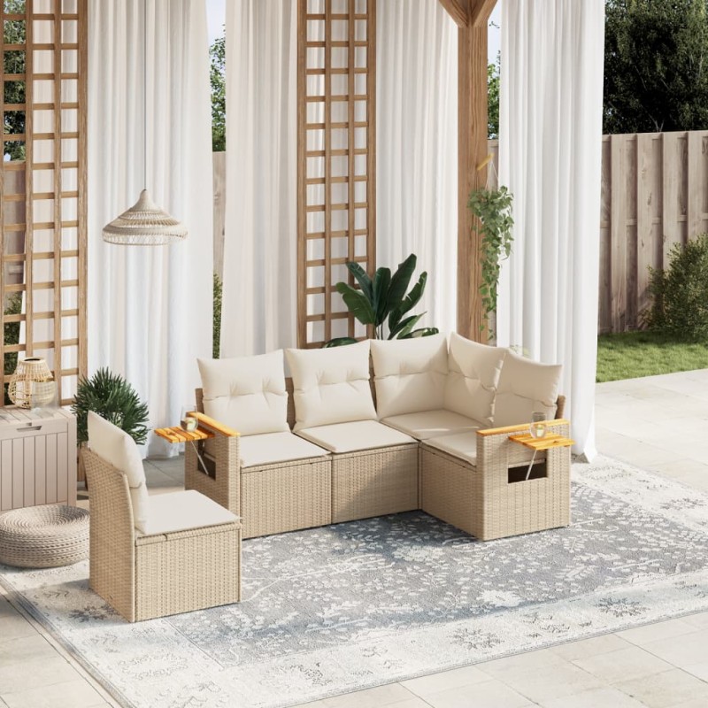 vidaXL 5-tlg. Garten-Sofagarnitur mit Kissen Beige Poly Rattan vidaXL 5-tlg. Garten-Sofagarnitur mit Kissen Beige Poly Rattan
