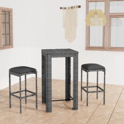 vidaXL 3-tlg. Gartenbar-Set mit Kissen Poly Rattan Grau
