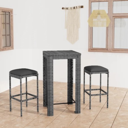 vidaXL 3-tlg. Gartenbar-Set mit Kissen Poly Rattan Grau