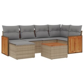 vidaXL 7-tlg. Garten-Sofagarnitur mit Kissen Beige Poly Rattan