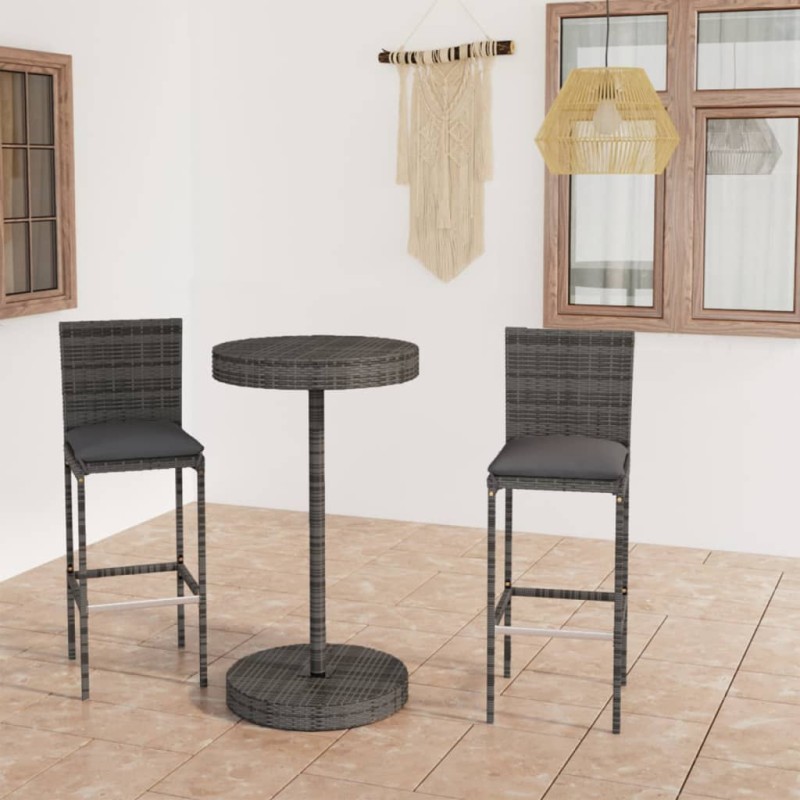 3-tlg. Gartenbar-Set mit Kissen Poly Rattan Grau 3-tlg. Gartenbar-Set mit Kissen Poly Rattan Grau