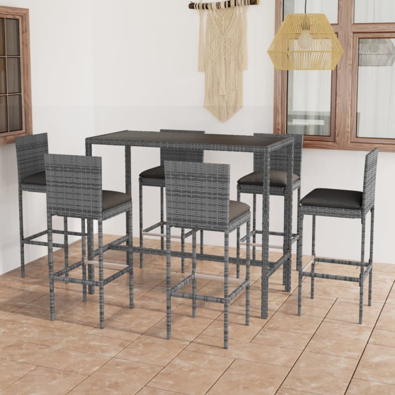 7-tlg. Gartenbar-Set mit Kissen Poly Rattan Grau 7-tlg. Gartenbar-Set mit Kissen Poly Rattan Grau