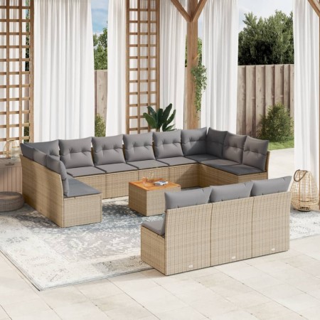 vidaXL 14-tlg. Garten-Sofagarnitur mit Kissen Beige Poly Rattan