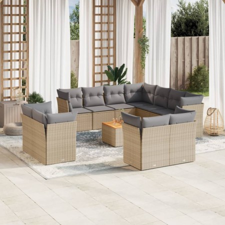 vidaXL 12-tlg. Garten-Sofagarnitur mit Kissen Beige Poly Rattan