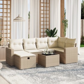 vidaXL 7-tlg. Garten-Sofagarnitur mit Kissen Beige Poly Rattan
