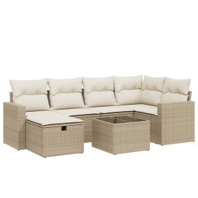 vidaXL 7-tlg. Garten-Sofagarnitur mit Kissen Beige Poly Rattan