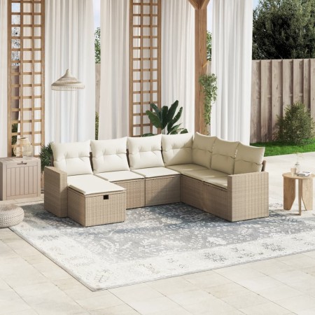 vidaXL 7-tlg. Garten-Sofagarnitur mit Kissen Beige Poly Rattan