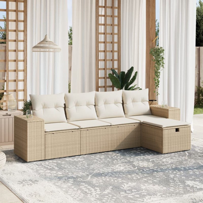 vidaXL 5-tlg. Garten-Sofagarnitur mit Kissen Beige Poly Rattan vidaXL 5-tlg. Garten-Sofagarnitur mit Kissen Beige Poly Rattan