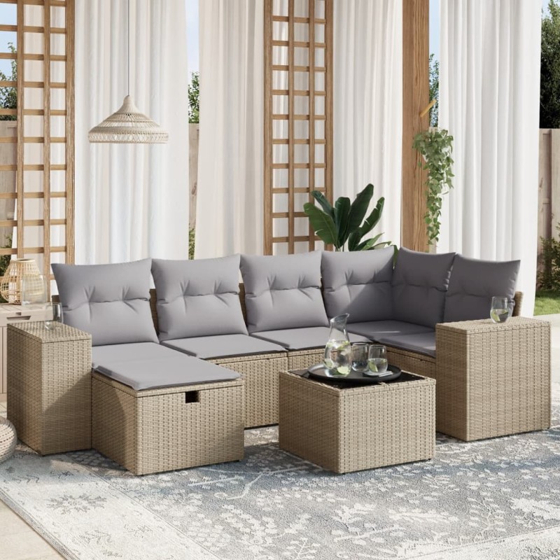 vidaXL 7-tlg. Garten-Sofagarnitur mit Kissen Beige Poly Rattan vidaXL 7-tlg. Garten-Sofagarnitur mit Kissen Beige Poly Rattan