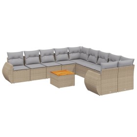vidaXL 11-tlg. Garten-Sofagarnitur mit Kissen Beige Poly Rattan
