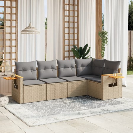 vidaXL 5-tlg. Garten-Sofagarnitur mit Kissen Beige Poly Rattan