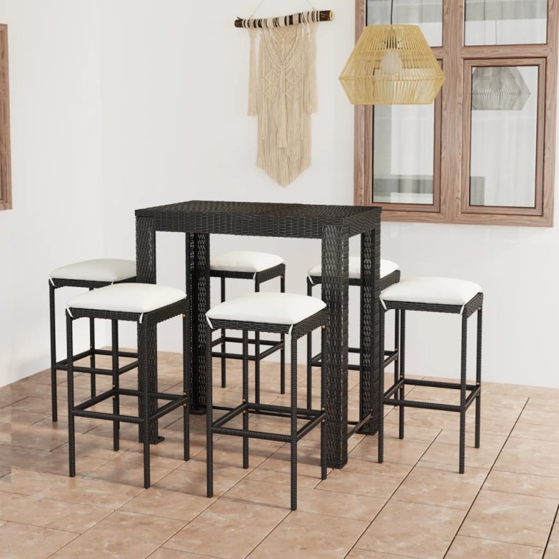 7-tlg. Gartenbar-Set mit Kissen Poly Rattan Schwarz 7-tlg. Gartenbar-Set mit Kissen Poly Rattan Schwarz