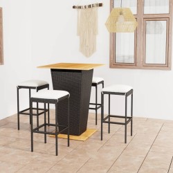 5-tlg. Gartenbar-Set mit Kissen Poly Rattan Schwarz