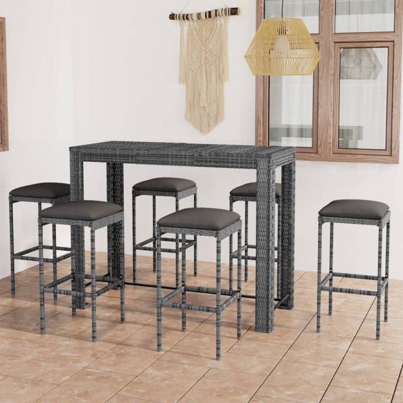 7-tlg. Gartenbar-Set mit Kissen Poly Rattan Grau 7-tlg. Gartenbar-Set mit Kissen Poly Rattan Grau