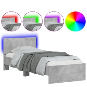 vidaXL Bettgestell mit Kopfteil und LED-Leuchten Betongrau 90x190 cm
