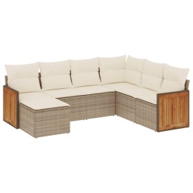 vidaXL 7-tlg. Garten-Sofagarnitur mit Kissen Beige Poly Rattan