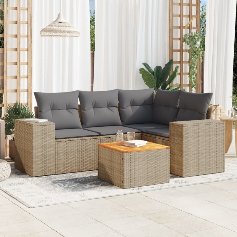 vidaXL 5-tlg. Garten-Sofagarnitur mit Kissen Beige Poly Rattan vidaXL 5-tlg. Garten-Sofagarnitur mit Kissen Beige Poly Rattan