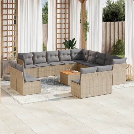 vidaXL 14-tlg. Garten-Sofagarnitur mit Kissen Beige Poly Rattan