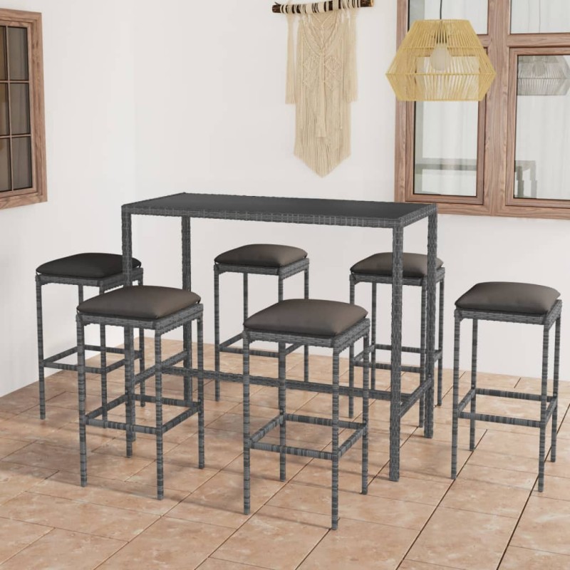 7-tlg. Gartenbar-Set mit Kissen Poly Rattan Grau 7-tlg. Gartenbar-Set mit Kissen Poly Rattan Grau