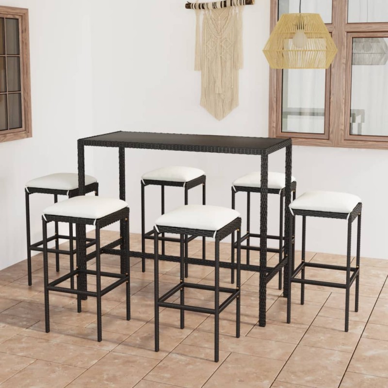 7-tlg. Gartenbar-Set mit Kissen Poly Rattan Schwarz 7-tlg. Gartenbar-Set mit Kissen Poly Rattan Schwarz