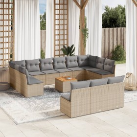 vidaXL 14-tlg. Garten-Sofagarnitur mit Kissen Beige Poly Rattan