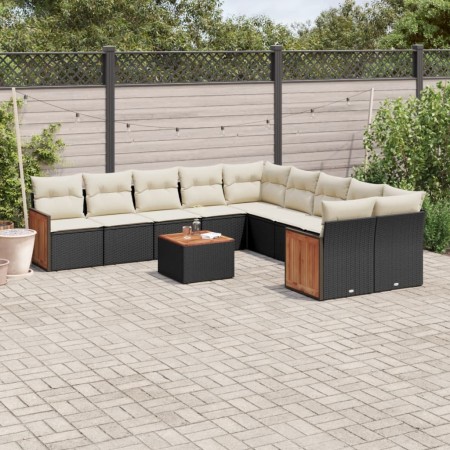 vidaXL 11-tlg. Garten-Sofagarnitur mit Kissen Schwarz Poly Rattan