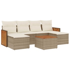 vidaXL 7-tlg. Garten-Sofagarnitur mit Kissen Beige Poly Rattan