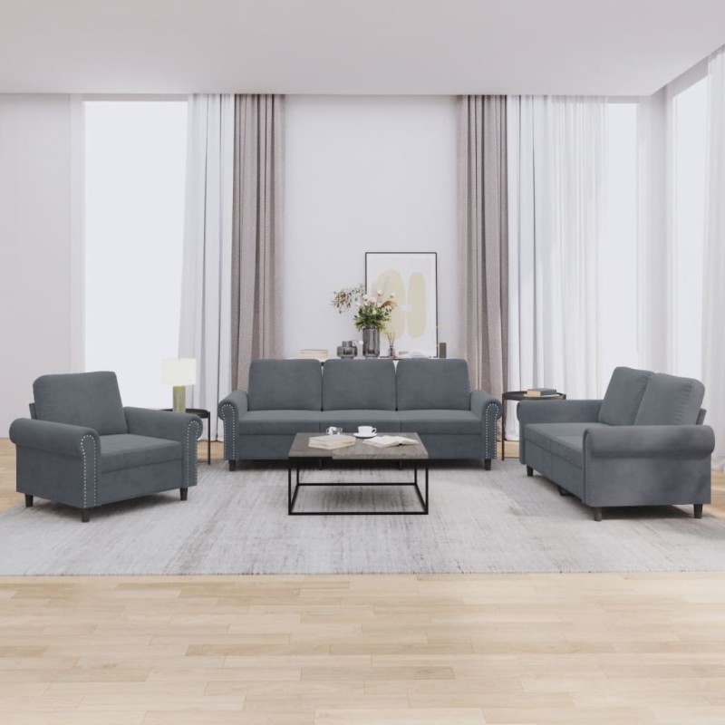 vidaXL 3-tlg. Sofagarnitur mit Kissen Dunkelgrau Samt vidaXL 3-tlg. Sofagarnitur mit Kissen Dunkelgrau Samt