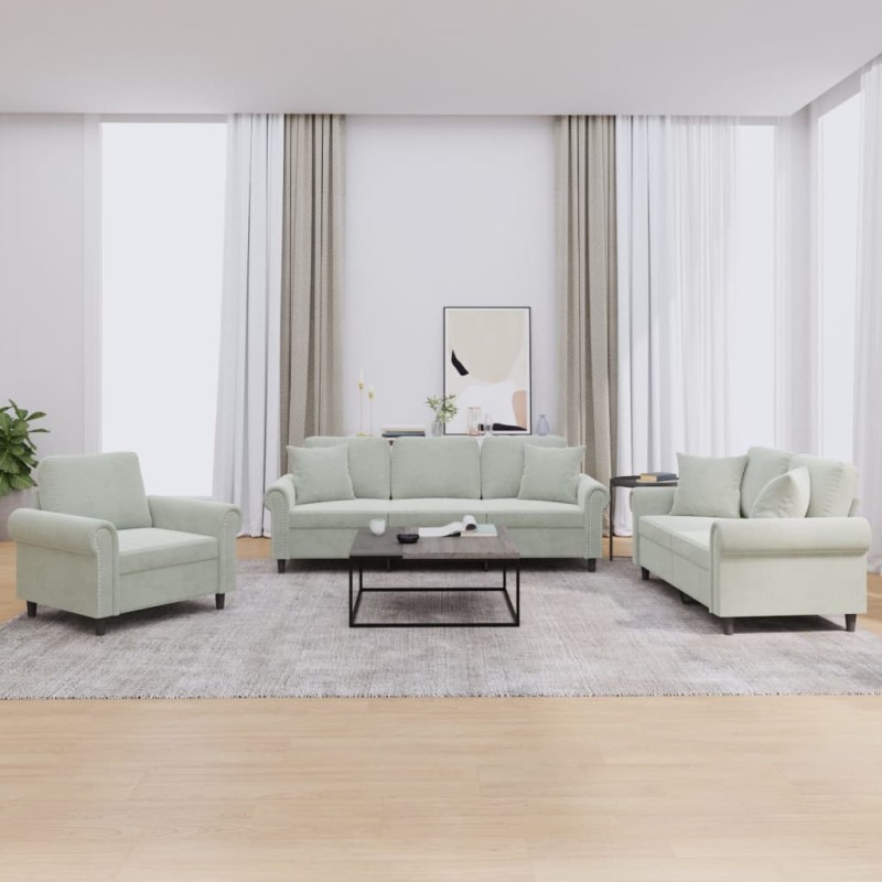 vidaXL 3-tlg. Sofagarnitur mit Kissen Hellgrau Samt vidaXL 3-tlg. Sofagarnitur mit Kissen Hellgrau Samt
