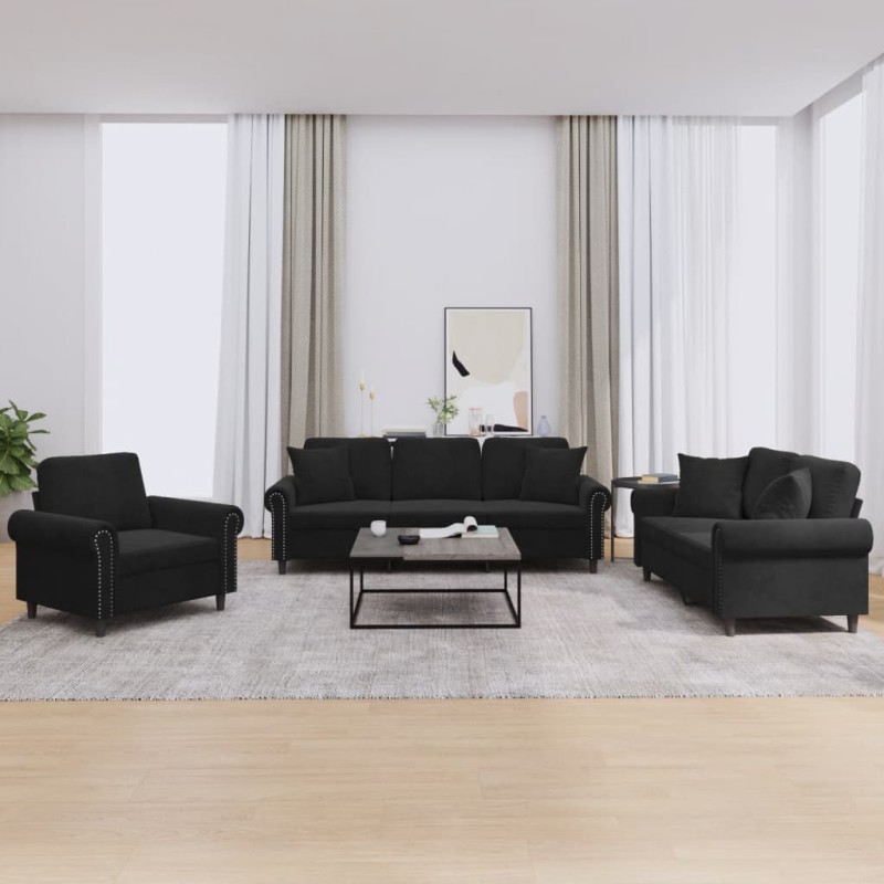 vidaXL 3-tlg. Sofagarnitur mit Kissen Schwarz Samt vidaXL 3-tlg. Sofagarnitur mit Kissen Schwarz Samt