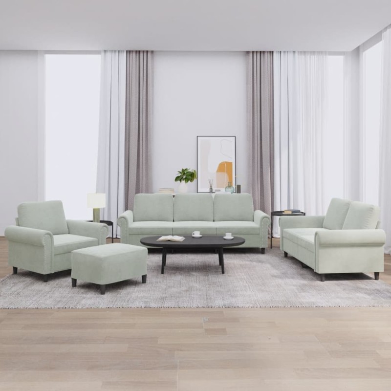 vidaXL 4-tlg. Sofagarnitur mit Kissen Hellgrau Samt vidaXL 4-tlg. Sofagarnitur mit Kissen Hellgrau Samt