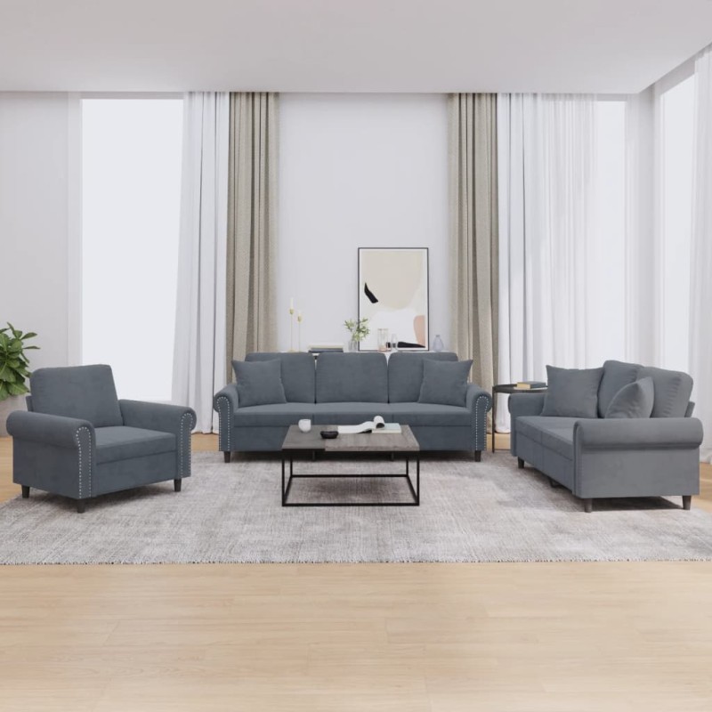 vidaXL 3-tlg. Sofagarnitur mit Kissen Dunkelgrau Samt vidaXL 3-tlg. Sofagarnitur mit Kissen Dunkelgrau Samt