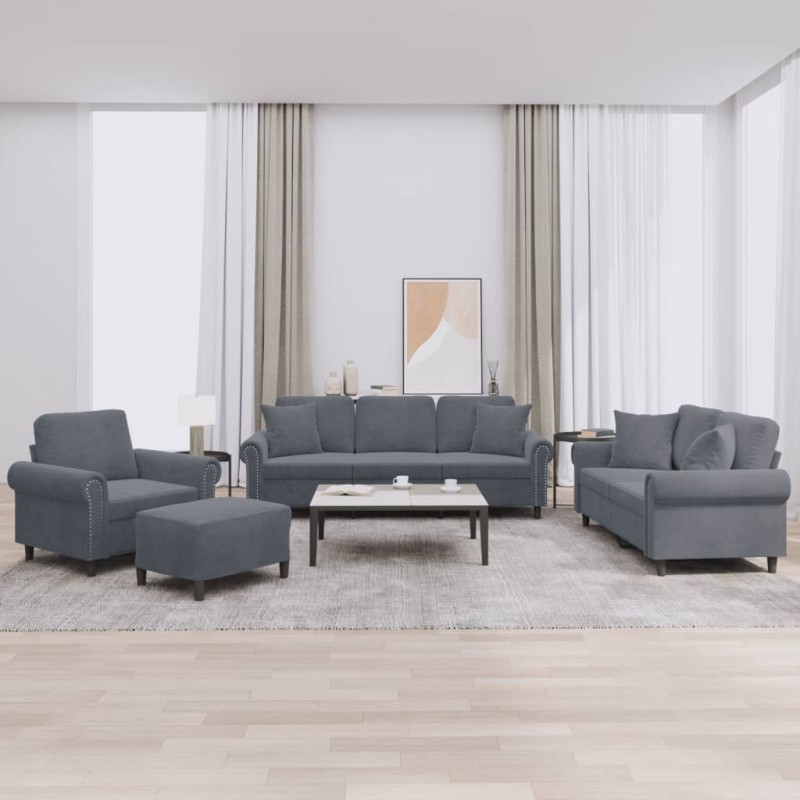 vidaXL 4-tlg. Sofagarnitur mit Kissen Dunkelgrau Samt vidaXL 4-tlg. Sofagarnitur mit Kissen Dunkelgrau Samt