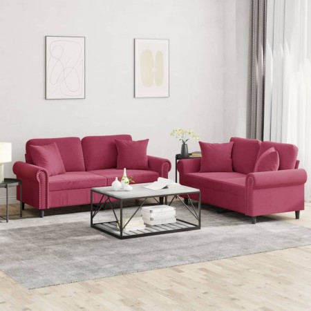 vidaXL 2-tlg. Sofagarnitur mit Kissen Weinrot Samt