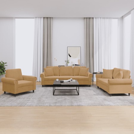 vidaXL 3-tlg. Sofagarnitur mit Kissen Braun Samt