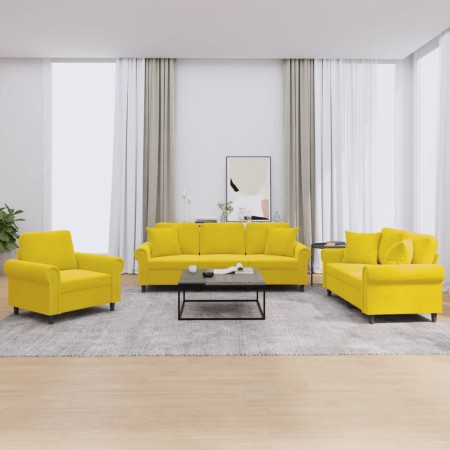 vidaXL 3-tlg. Sofagarnitur mit Kissen Gelb Samt