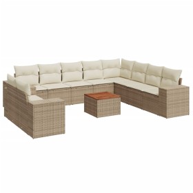vidaXL 11-tlg. Garten-Sofagarnitur mit Kissen Beige Poly Rattan