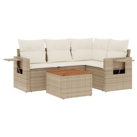 vidaXL 5-tlg. Garten-Sofagarnitur mit Kissen Beige Poly Rattan