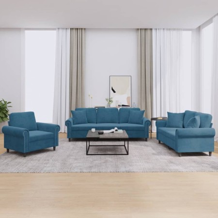 vidaXL 3-tlg. Sofagarnitur mit Kissen Blau Samt
